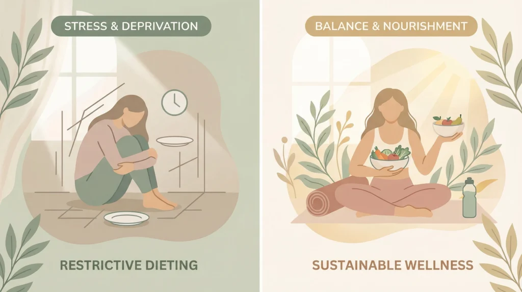 Illustration comparing restrictive dieting to sustainable wellness